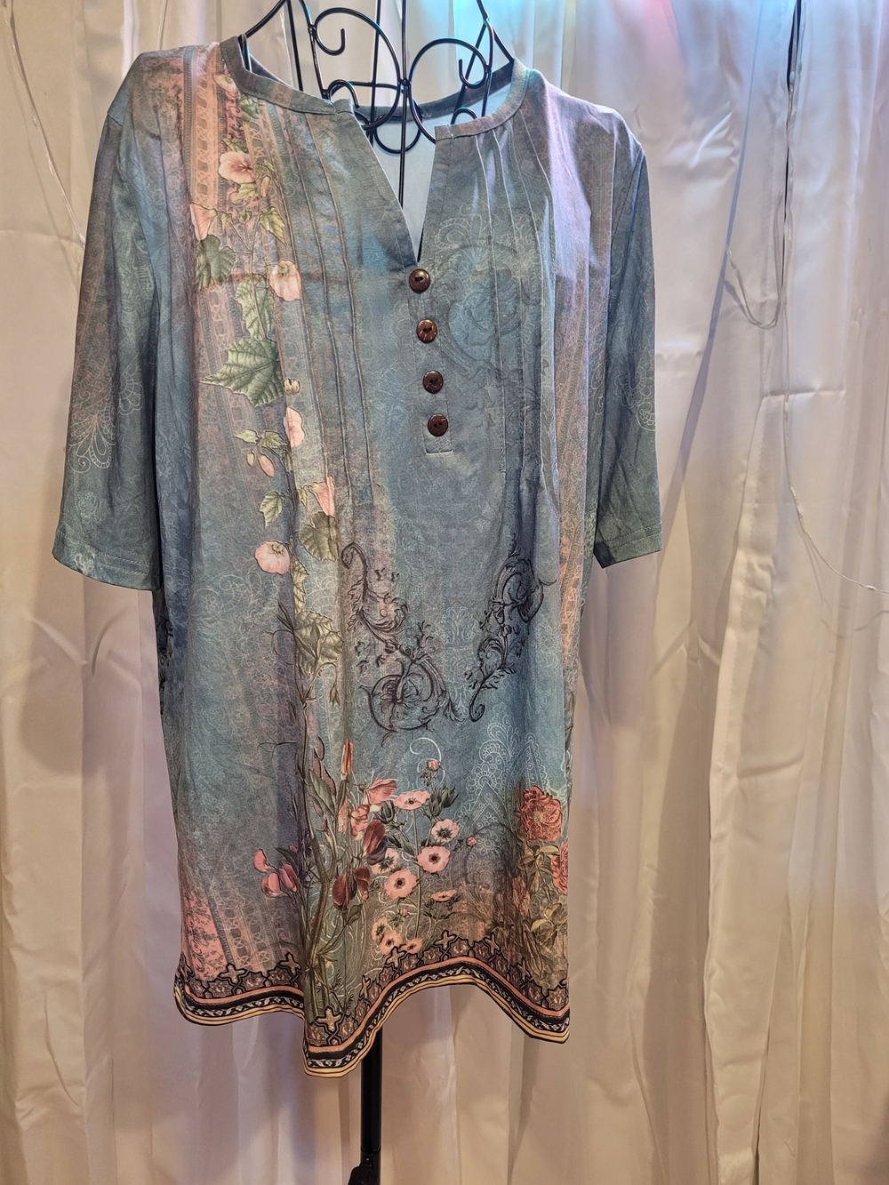 Amazon Blue Floral Tunic Top with Wooden Buttons